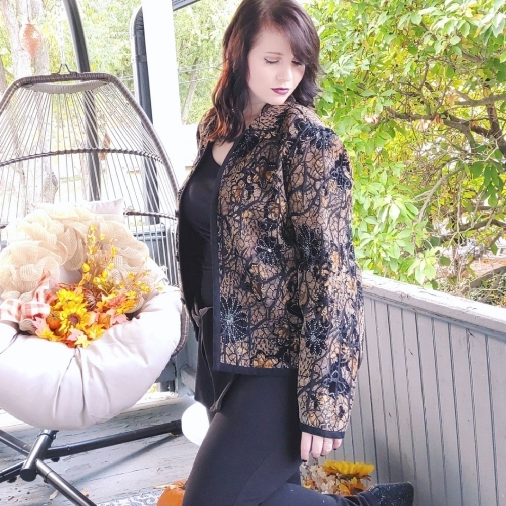 Vintage Embroidered Metallic Lace Blazer Jacket Boho Festival Medium